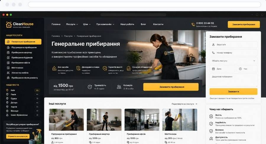 Приклад сайту послуг зі сторінками під міста